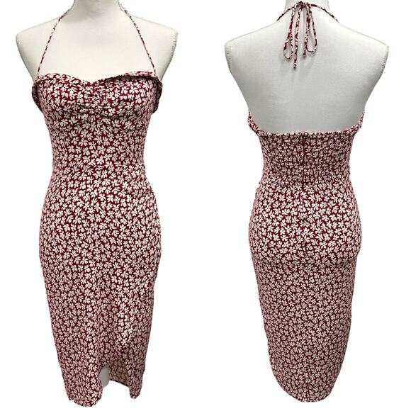 Reformation Rayna Red White Floral Halter Midi Dress Grenadine Cottage Pinup Mod - Picture 1 of 10
